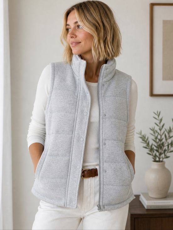croft & barrow Jackets & Blazers - Croft & Barrow Gray Quilted Fleece Vest Women’s L Full Zip Puffer Casual Layerin